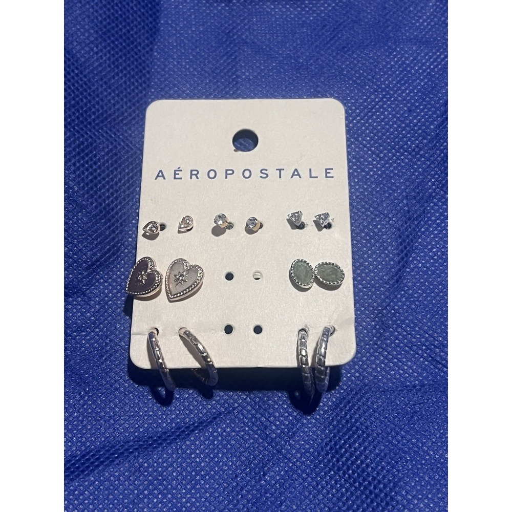 Aeropostal Stud Earrings Lot Of 7 New On Card Silver & Copper Tone Heart Studs - Picture 2 of 8